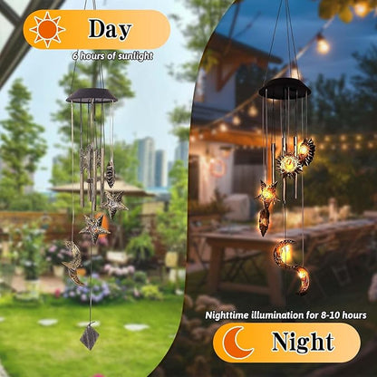 Solar Wind Chimes for Outside, Waterproof Hanging Sun and Moon Wind Chimes for Outside， Balcony Patio Garden Decoration, Gift for Loved Ones Friends and Neighbors(Sun Moon Star)