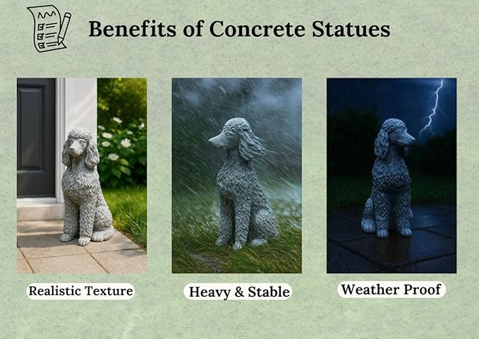 Poodle Concrete Statue Outdoor Dog Garden Figure Pet Memorial Stone Cement Sympathy Gift Yard Sitting Puppy Sculpture Pets Lovers Gift Patio Decoration