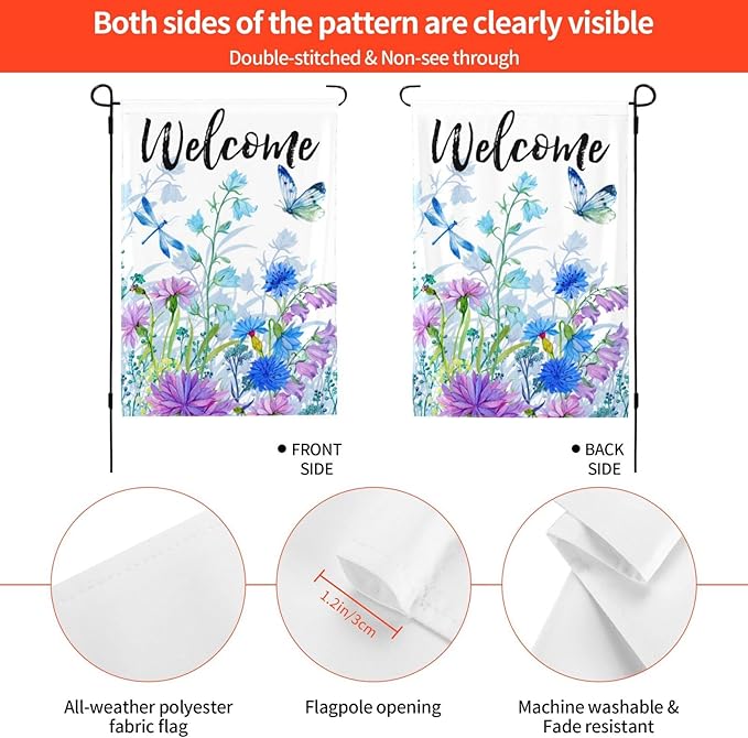 Spring Summer Garden Flag with Welcome Quote Blue Flower Butterfly Dragonfly Mini Yard Flag Double-Sided Garden Flags Rustic Farmhouse Sign for Home Garden Outdoor Decoration, 12.5 X 18 Inch
