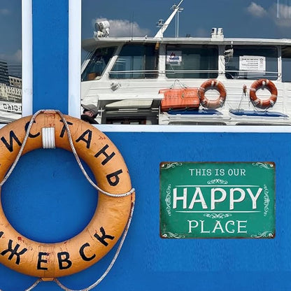 This is Our Happy Place Metal Tin Wall Sign Farmhouse Wall Decor Signs Porch Decor for Home Deck Outdoor Outside Door Fence 12x8 Inches