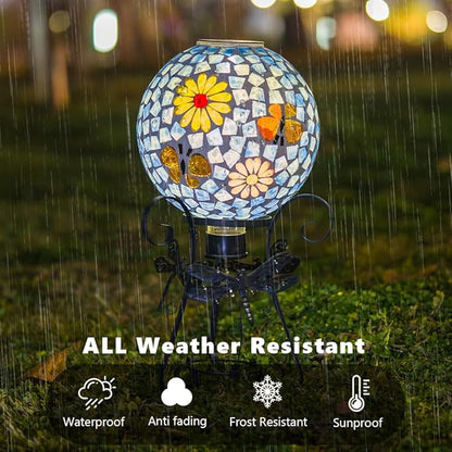 Stargarden Solar Gazing Ball, 10”Glass Gazing Globe, Mosaic Gazing Balls with Metal Ball Stand for Patio, Lawn, Garden Decor