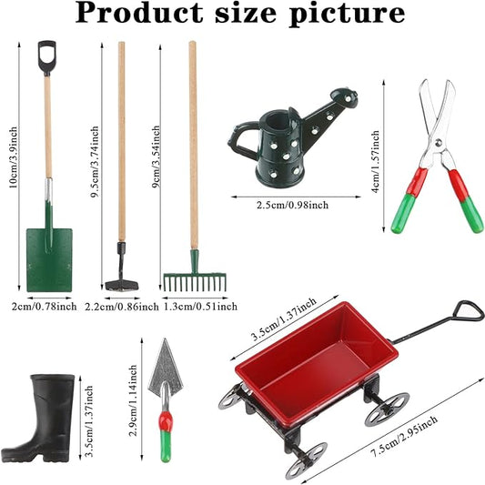 Miniature Fairy Garden Accessories Set 9 Pcs 1:12 Mini Metal Spade Pestle Kettle Wagon Rake Garden Watering Supplies Micro Landscape Ornaments Dollhouse Accessories
