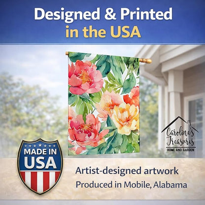 Caroline's Treasures Indiana Peonies in Watercolor House Flag Large Porch Sleeve Pole Decorative Outside Yard Banner Artwork Wall Hanging, Polyester, House Size, Multicolor