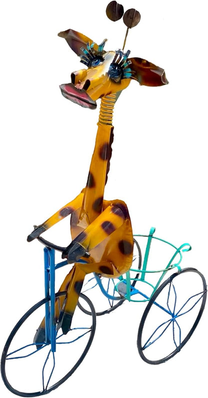 Handmade Metal Giraffe Tricycle Planter | Yard Art Garden Decor | Artisan Made Landscape Sculpture | Lawn Ornament