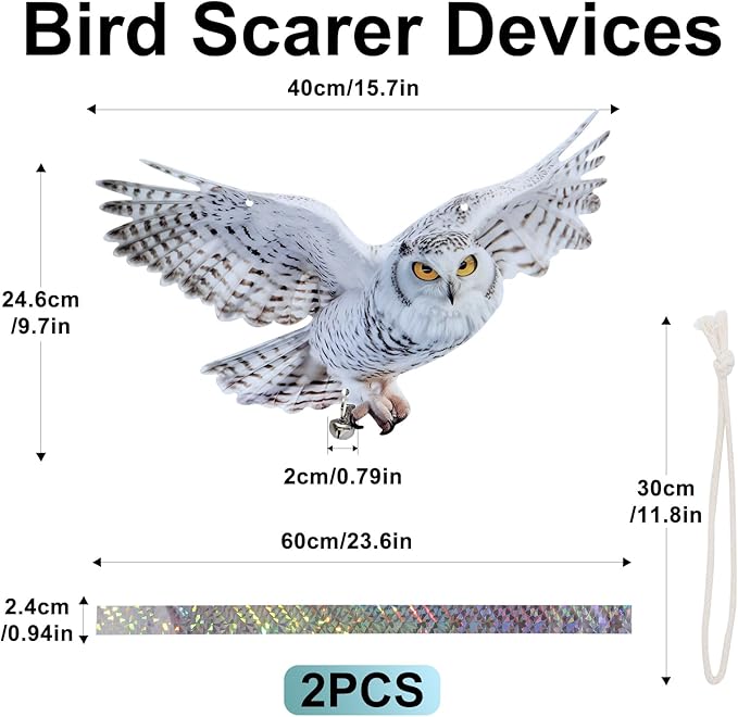 2Pack Fake Owls Reflective Owl Hanging Decoration, Barn Swallow Deterrent Dual-Side Printed Raster Fake Hawk to Scare Owl Pigeon Woodpecker Away from Patio Garden