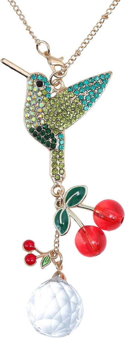 Crystal Hummingbird Sun Catcher with Rhinestones – Sparkling Prism Hanging Ornament for Window, Garden & Car Mirror, Cherry Crystal Décor and Gift for Women, Mom & Bird Lovers