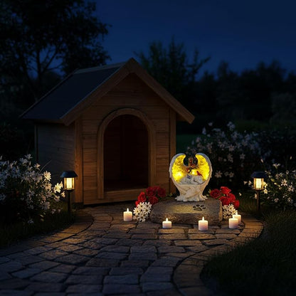 Solar Dog Memorial Stone with Angel Wings Cross Cardinal Passing Away Gifts, Sleeping Pet Grave Markers Dog Loss Sympathy Gift Resin Statue with Solar Lights for Garden Decor
