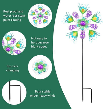 Solar Peacock Wind Spinners for Yard and Garden, 40 Inch Solar Windmill Garden Whirligig Kinetic Spinners Decor for Lawn,Patio&Yard, Metal Whirligigs Green Wind Spinners Outdoor