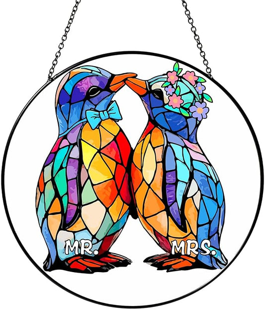 Wedding Gifts Sun Catcher Stained Glass Window Hanging Penguin Couple Wall Decor Handmade Ornament Light Catcher Mr & Mrs Couples Gift Bridal Shower Gift for Couple, 7.87inch