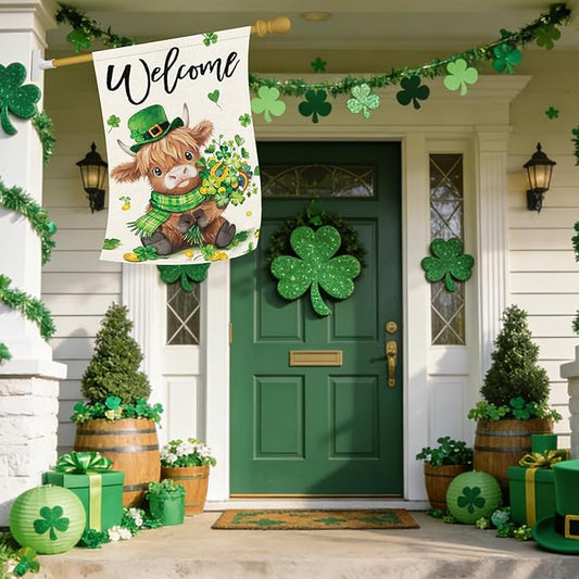 Heyfibro Welcome St. Patrick's Day Garden Flag 28x40 Double Sided Burlap, Highland Cow with Shamrock Bouquet & Green Plaid Scarf Yard Flag for Spring Seasonal Irish Farmhouse Outdoor Decor(ONLY FLAG)