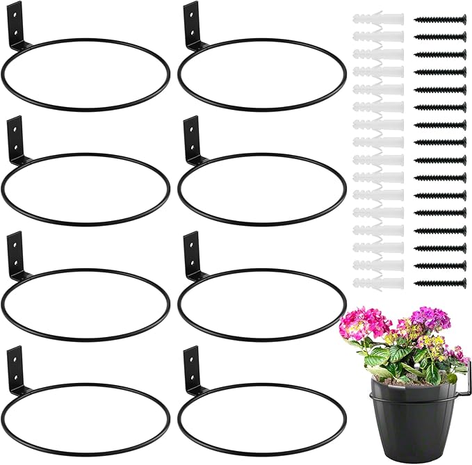 8-Pack 8 Inch Flower Pot Holder Ring Wall Mounted Metal Flower Pot Hangers Wall Hanger Bracket Rings Black Planter Bracket for Home, Garden, Indoor Outdoor Pots