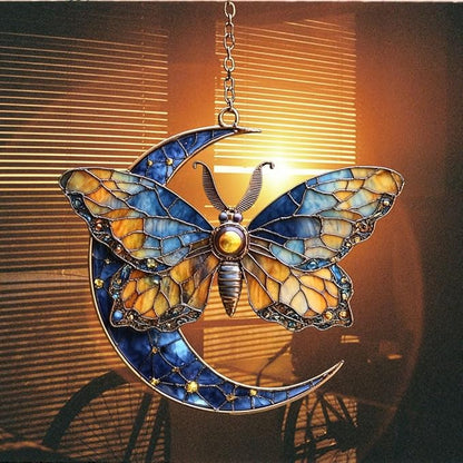 Vivid Tiffany Butterfly Moon Art Acrylic Suncatcher Stained Glass Effect Window Car Hanging Christmas Ornament Indoor Outdoor Decor Garden Sun Catcher Panel for Boho Lover for Women Mom Grandma