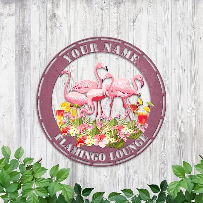 MeMate Flamingo Metal Sign, Outdoor Décor for Backyard, Patio, Pool, Kitchen, Lounge, Personalized Name Outdoor Sign, Pink Metal Sign Housewarming Gift for Family Friend