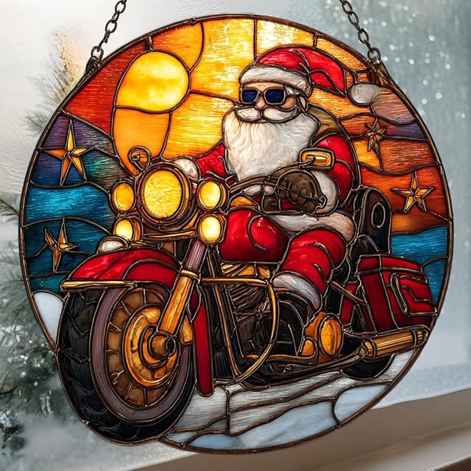 Cool Retro Santa Riding Motorcycle Mosaic Acrylic Suncatcher Stained Glass Effect Window Car Hanging Christmas Ornament Indoor Outdoor Decor Garden Sun Catcher Panel for Women Mom Grandma
