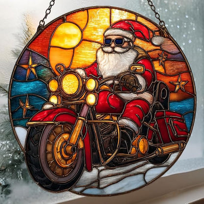 Cool Retro Santa Riding Motorcycle Mosaic Acrylic Suncatcher Stained Glass Effect Window Car Hanging Christmas Ornament Indoor Outdoor Decor Garden Sun Catcher Panel for Women Mom Grandma