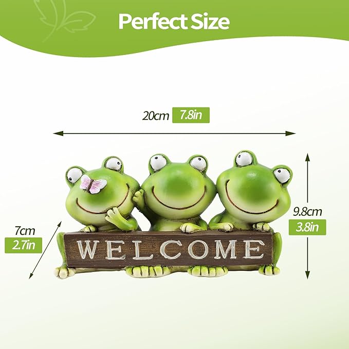 Cute 3-Pack Frog Resin Statue with Welcome Sign - 7.87 Inch”L Hand-Painted Indoor Outdoor Decor, Weather Resistant Frog Figurine for Patio, Yard & Porch