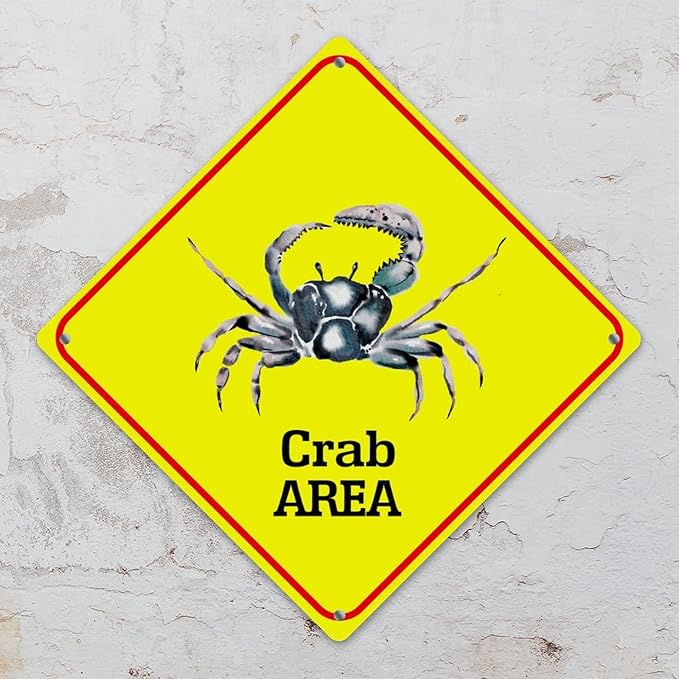 Warning Crab Area Metal Tin Sign Ocean Animal Caution Crossing Xing Street Sign Yellow Diamond Shape Funny Metal Sign For Indoor Outdoor Highway12x12in
