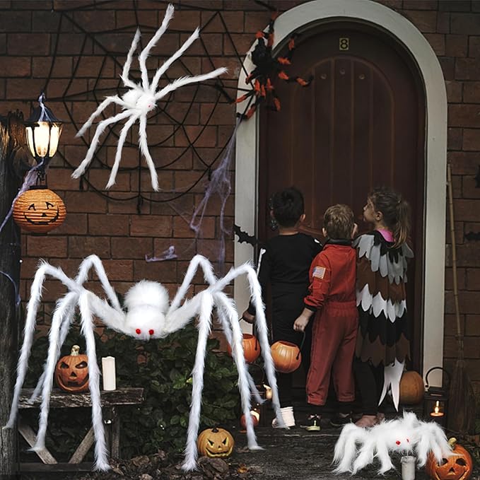 FOIMAS 3pcs Halloween Realistic Hairy Spider,Large White Scary Spiders Prop for Lawn Yard Wall Indoor Outdoor Halloween Party Decoration,59",35",12"
