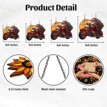 Cool Santa Riding Motorcycle Acrylic Suncatcher Stained Glass Effect Window Car Hanging Christmas Ornament Indoor Outdoor Decor Garden Sun Catcher Panel for Women Mom Grandma