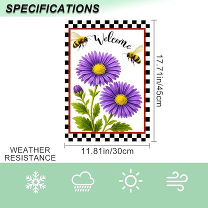 IVN Welcome Garden Flag 12x18 Inch Double Sided Spring Garden Yard Flags Bee Purple Daisy Decorative Small Flags for Outdoor Seasonal Front Door Lawn Porch Patio Decor Yard Flag
