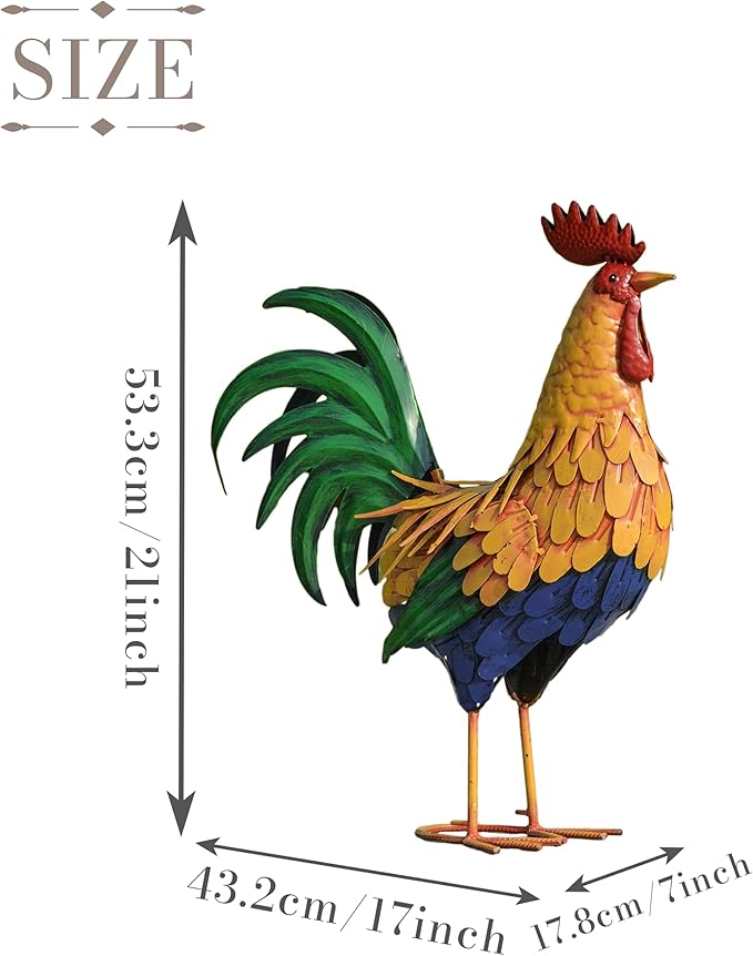TERESA'S COLLECTIONS Large Metal Rooster Garden Statues Decor, 21 Inch Outdoor Chicken Sculpture Figurines Bird Yard Art for Farm Patio Lawn Kitchen Decorations,Housewarming Gift