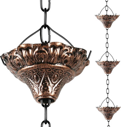 Rain Chain Gutter Downspout Antique Copper Rain Chains for Gutters with 12 Cups, Adjustable Rain Catcher Chain with Bell for Outside Water Diverter Decorative Garden Rain Chimes, 8.5 Ft