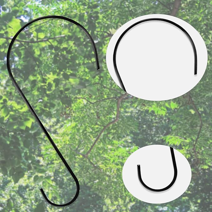 DINGEE Tree Branch Hook - 12 Inch Large S Hooks for Hanging Plants, Bird Feeders & Accessories - Black Metal - 6 Pack - Indoor & Outdoor