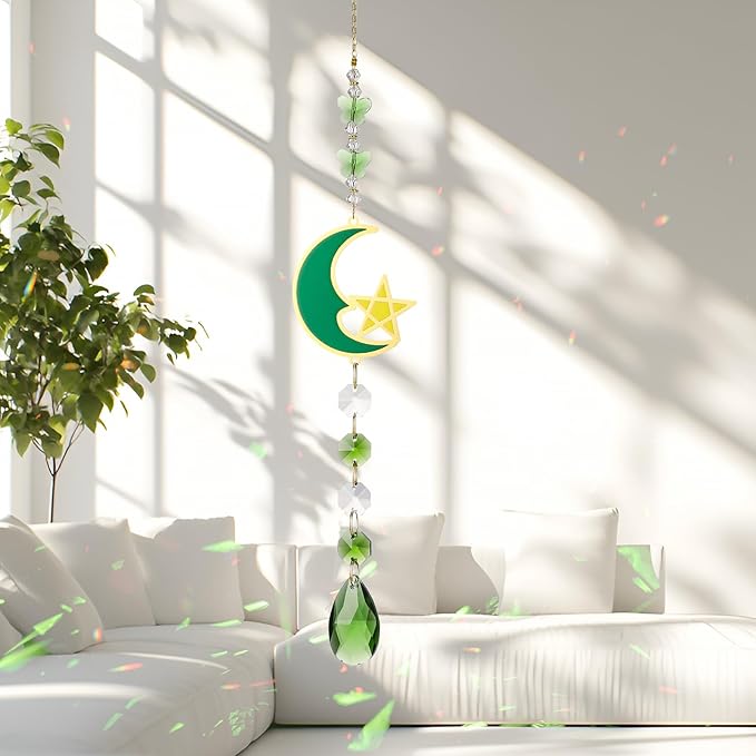 Green Suncatcher, 15.5 Inch Crystal Sun Catcher Windows Hanging, Green Ornament Gift for Spring Home Decor Rainbow Sparkly Pendant