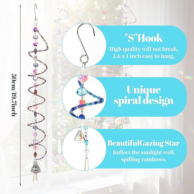 Suncalla 4 Pcs Crystal Sun Catcher for Window Hanging Spiral Gazing Ball Spiral Tail Wind Spinners Outdoor Crystal Ball and Chain Crystals Beads for Indoor Outdoor Garden Patio Porch Decoration