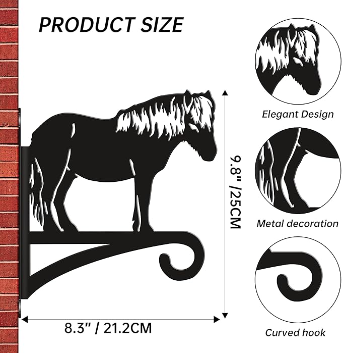 Pony Silhouette Plant Hanger Hook for Outdoor Indoor Hanging Plant Flower Fern Pot Lantern Bird Feeder- Rustic Country-Style Pony Decor,(8.27"x9.84", Black)
