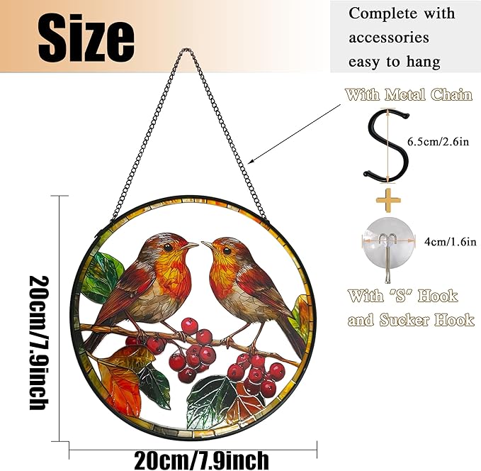 Robins Sun Catcher Stained Glass Window Hanging Suncatcher Indoor Window with Metal Chain, Birds Gifts for Women Mom Bird Lovers