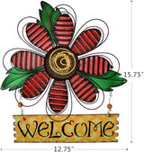 Metal Welcome Sign Daisy Hanging Signs for Front Door - Indoor Outdoor Door Decor Wall Art Flower Decoration Decorative Ornament Wreath for Home Garden Patio (Red)