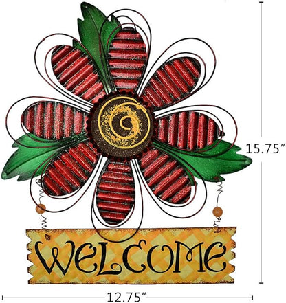 Metal Welcome Sign Daisy Hanging Signs for Front Door - Indoor Outdoor Door Decor Wall Art Flower Decoration Decorative Ornament Wreath for Home Garden Patio (Red)