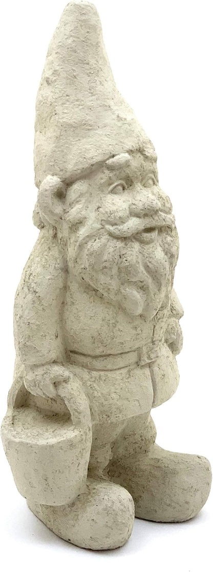 Garden Gnome with Bucket: Solid Durable Stone Statue with Vintage Texture. Sealed for Outdoors. Handcrafted USA. (Classic/White)