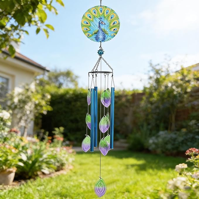 Taman Wind Chime - 38" Peacock Glass Wind Chimes Valentine's Day Gift for Outside Decorative Memorial Gift, Aluminum Tubes for Home, Outdoor, Yard, Patio,Garden Decor