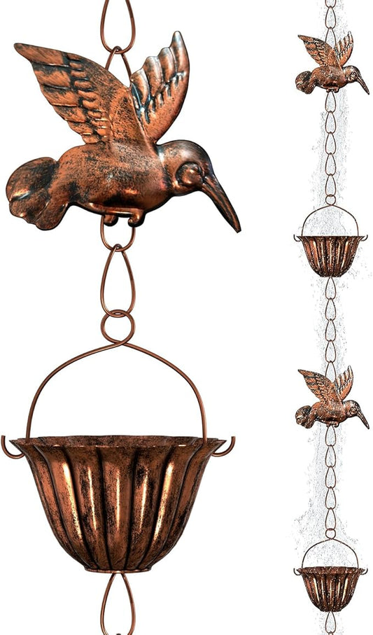 INNOWARMER 8.8ft Rain Chains for Gutters Outside, Rain Catcher Chain with 6 Metal Cups & Hummingbird Decor, Adjustable Hanging Rain Hutter Chain Downspout Substitute for Garden Drainage & Eaves