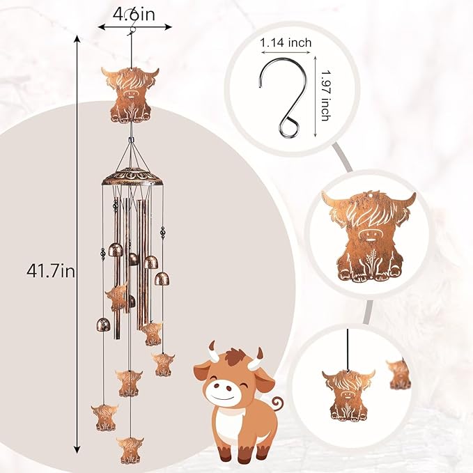 Highland Cow Wind Chimes for Outside,41" Metal Windchimes, Housewarming/Easter/Halloween/Festival/Birthday/Anniversary Highland Cow Gifts for Women/Men, Cow Decorations for Outside, Garden or Yard