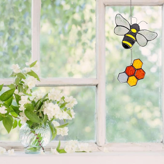 Handmade Honeybee Honeycomb Suncatcher Stained Glass Window Hangings Ornament Real Sun Catchers Indoor Window Garden Kitchen Decor Bee Gifts for Women Beekeeper Teacher