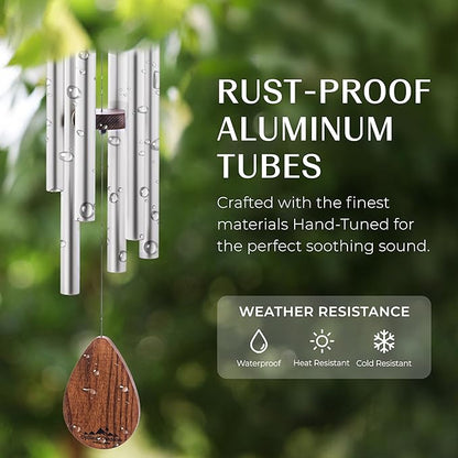 UpBlend Wind Chimes for Outside Gift – Deep Tone Wind Chime with Decorative Stone – Porch & Patio Decor, Elegant Outdoor Ornament, Garden Gifts. 28” Silver.