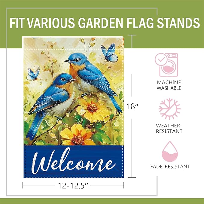 Welcome Spring Summer Bluebirds Decorative Garden Flag, Yellow Flower Butterfly Small Yard Outside Decorations, Farmhouse Floral Burlap Outdoor Home Decor Double Sided 12 x 18