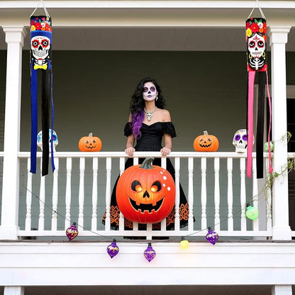 NOVWANG 2 Pcs Day of The Dead Windsocks, Dia de Los Muertos Wind Socks Day of The Dead Hanging Windsock Flag Decoration for Garden Yard Porch Backyard Patio Decor