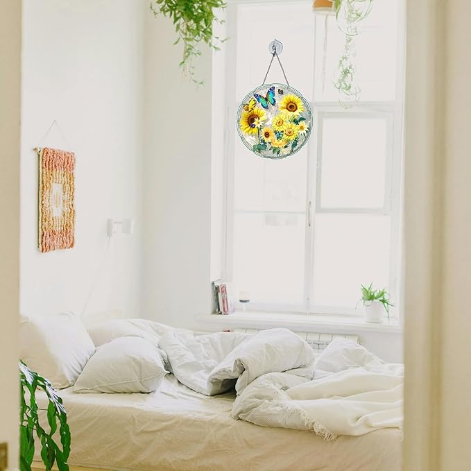 Stained Glass Window Hanging Sunflower 8 Inch, Indoor Outdoor Wall Art Home Decor, Sun Catchers,Birthday for Women Men