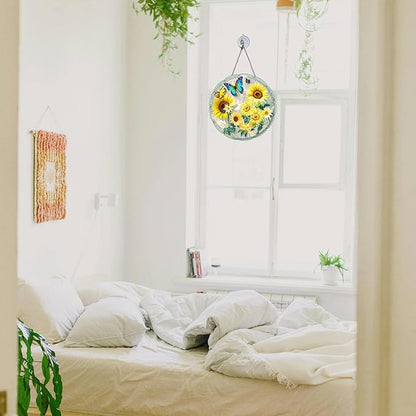 Stained Glass Window Hanging Sunflower 8 Inch, Indoor Outdoor Wall Art Home Decor, Sun Catchers,Birthday for Women Men