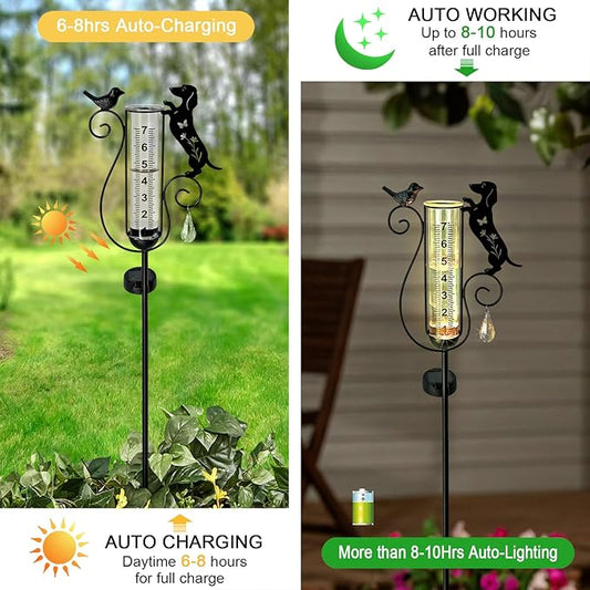 Dachshund Dog Rain Gauge Outdoor,Solar Powered Decorative Metal Dog and Bird Garden Stakes,Rain Gauges for Yard,Pathway,Lawn
