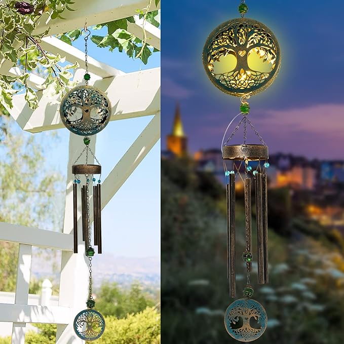 Solar Tree of Life Wind Chimes,46.5" Sympathy Wind Chimes Outdoor Deep Tone Unique for Mom Women Grandma, Memorial Retirement Gifts, Garden Patio Balcony Yard Home Decor
