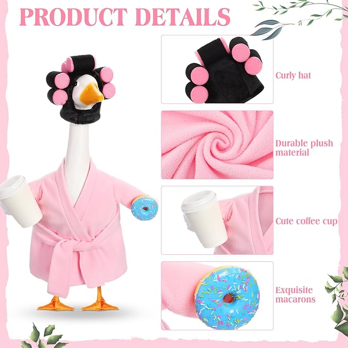 Shyyween Lady Porch Goose Outfits for 23'' Cement Plastic Geese Summer Statue Clothes Pink Bathrobe Coffee Cup Curlers for Outdoor Garden Lawn Yard Patio Decoration