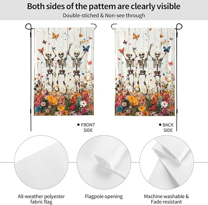 Skeleton Skull Wildflower Garden Flags 12×18 Inch Funny Double Sided Decorative Yard Banner Seasonal Flag for Outdoor Outside Decor