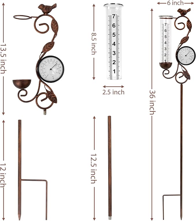 32" Garden Rain Gauge with Thermometer - 7" Glass Tube for Outdoor Indoor Use, Patio Yard Decor Statue