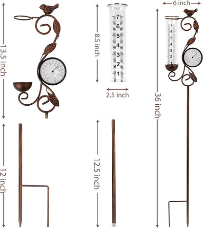 32" Garden Rain Gauge with Thermometer - 7" Glass Tube for Outdoor Indoor Use, Patio Yard Decor Statue