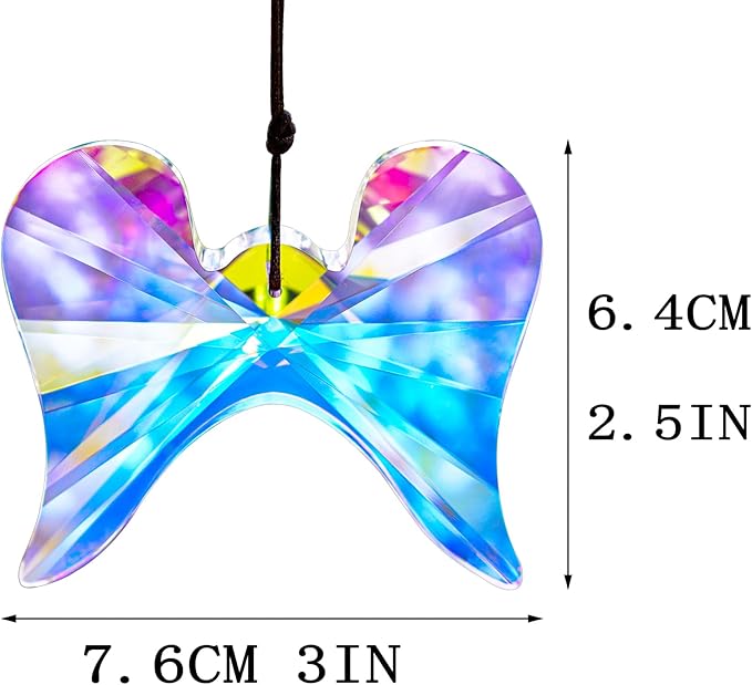 Window Hanging Crystal Angel Wing Prism Suncatcher AB Coating Ornament, Glass Angel Wing Sun Catchers Rainbow,Prism Crystals for Indoor Outdoor Garden Christmas Decor(76mm)